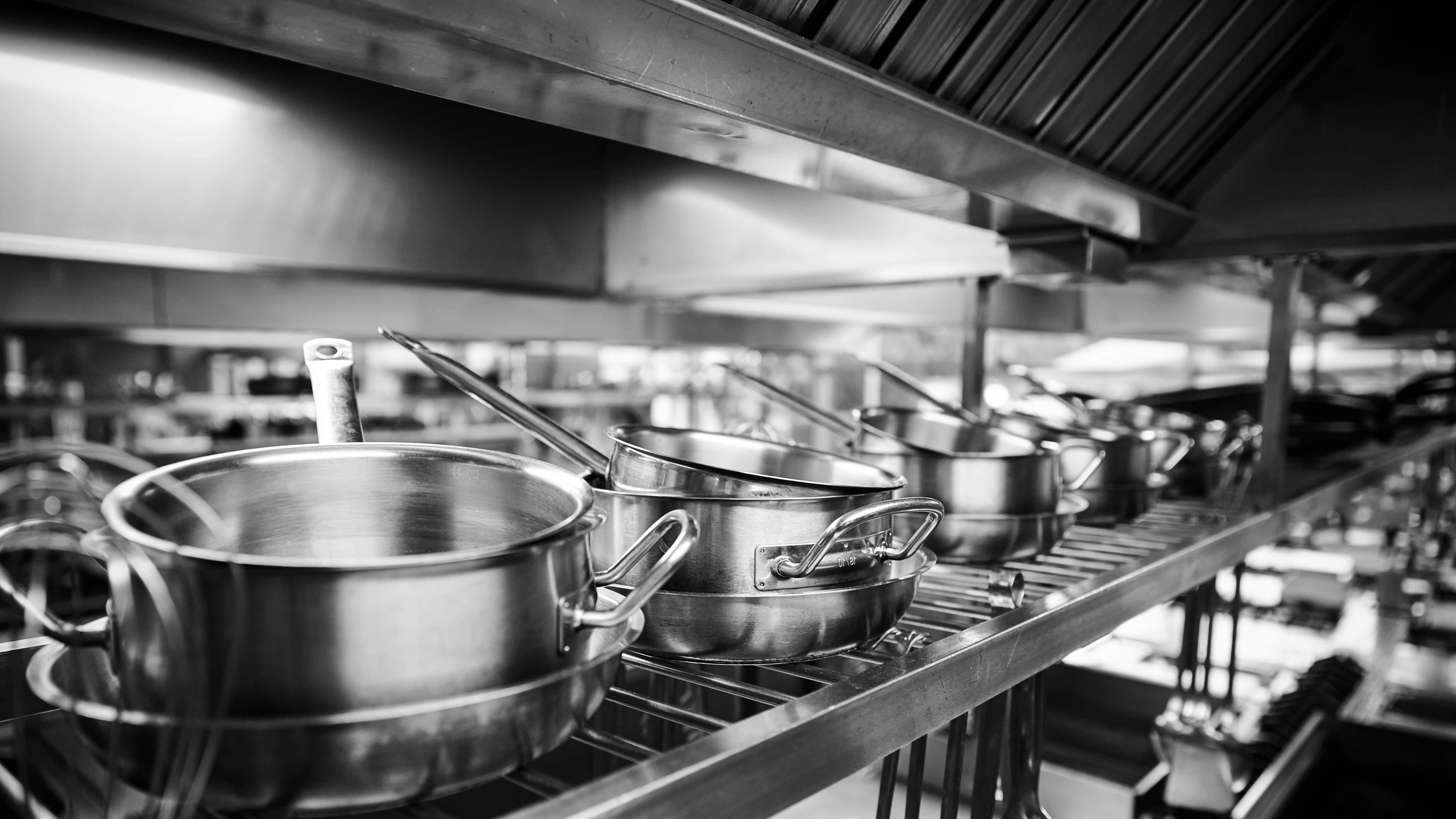 Pots and pans in commercial kitchen